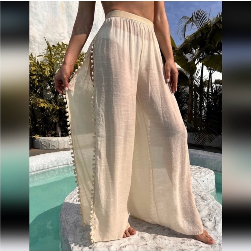 Lightweight Pom-Pom Trim Split Leg Beach Loungewear Cover Up Cream Pants Medium